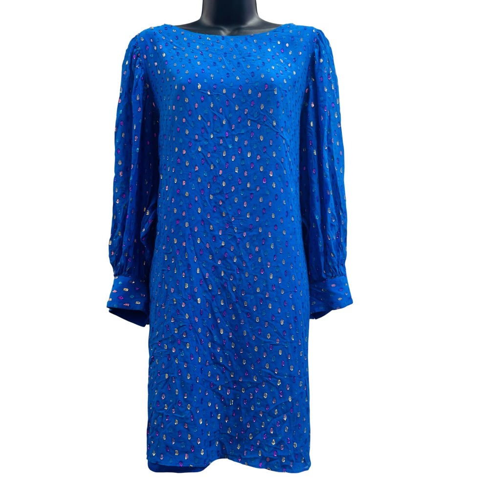 Lilly Pulitzer Blue‎ Metallic Clip Dot Long Sleeve Shift Dress Size 10